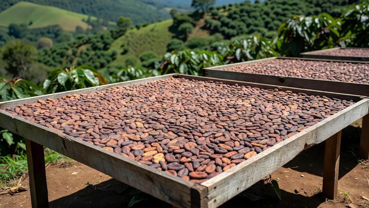 Mappa delle piantagioni di cacao con sacchi di fave essiccate