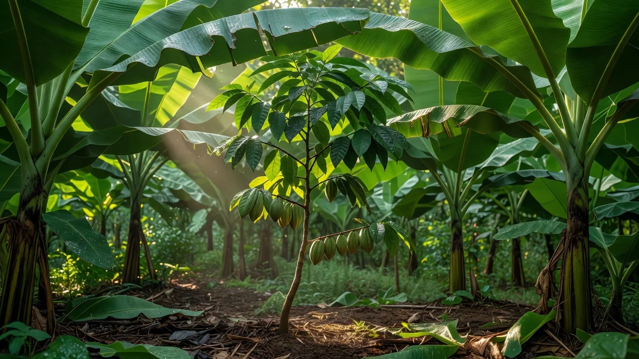 Piantagione biologica di cacao in Repubblica Dominicana con foglie verdi