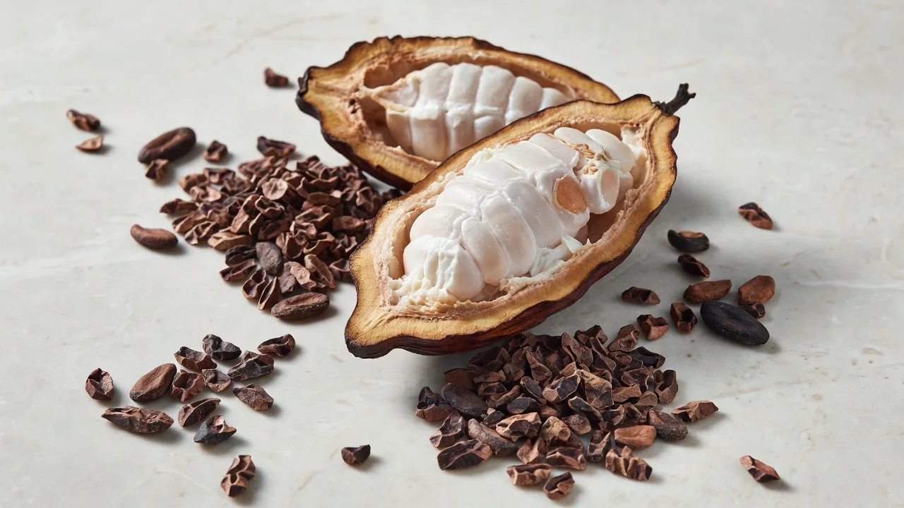 Fave di cacao crude e pennini di cacao crudo in una ciotola