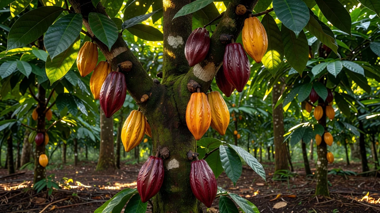 Piantagione di cacao con cabosse mature tra le foglie