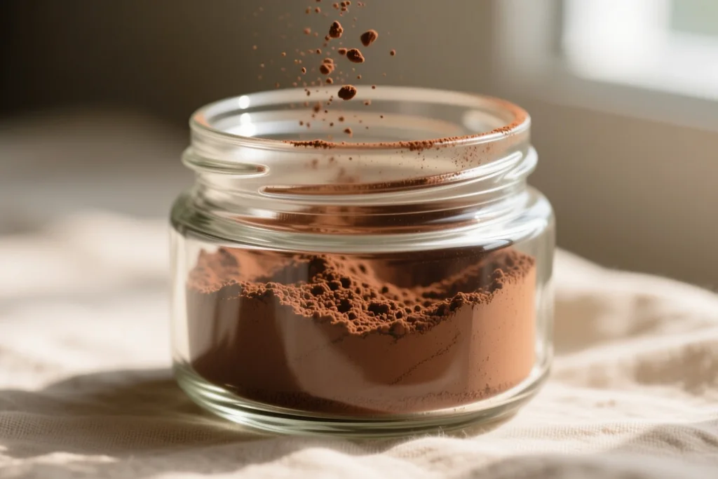 Barattolo di vetro chiuso con cacao in polvere, mobile buio, niente marche