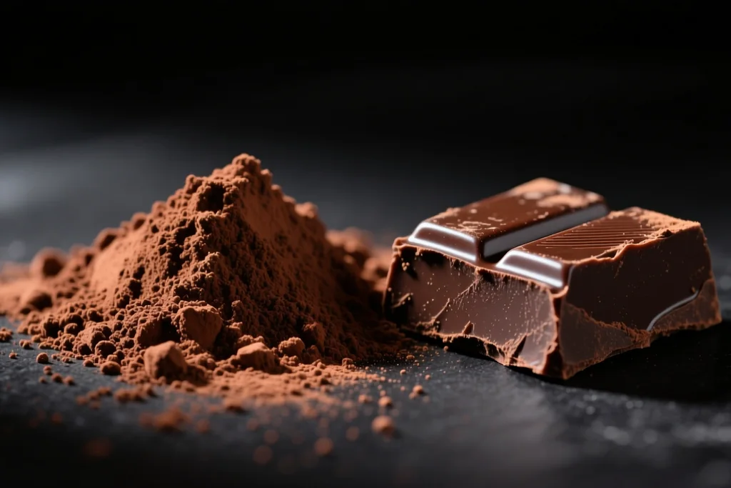 Ciotola di massa di cacao e un barattolo di polvere, due texture diverse