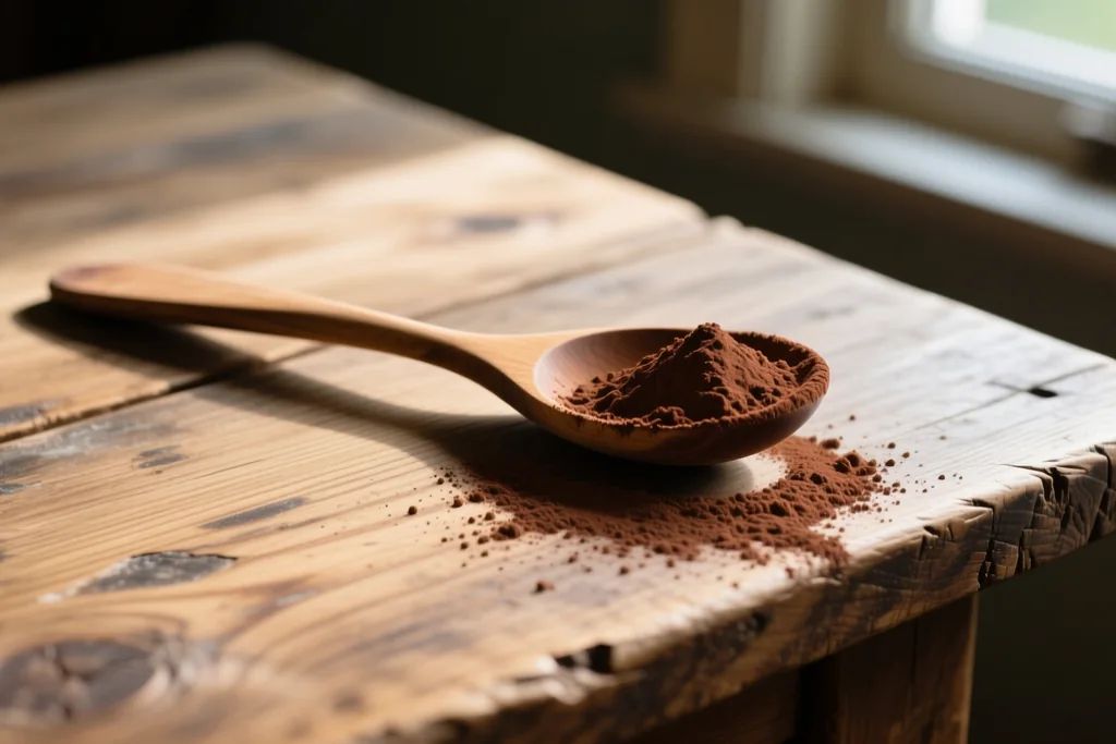 Cucchiaio di polvere di cacao accanto a un pezzo di massa, tavolo da cucina